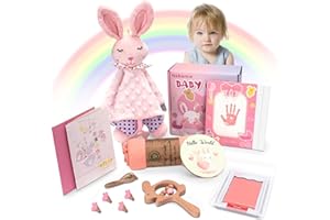 NABANCE Baby Shower Gifts, Baby Gift Set for New Born Baby, Baby Girls Gifts Basket with Bunny Security Blanket Rattle Swaddle Blanket, Footprint Kit, Milestone & Greeting Card, Unique Newborn Gift Essentials