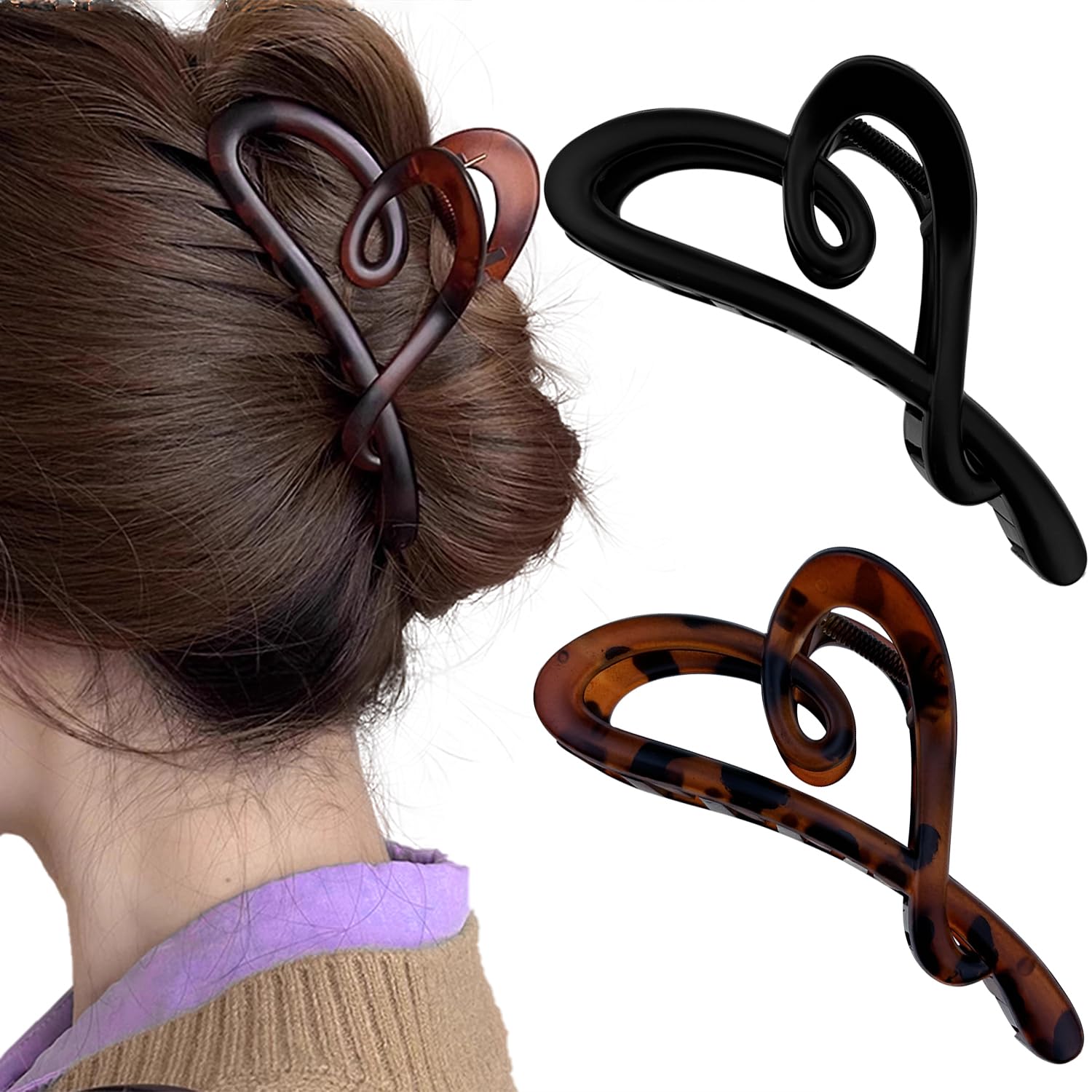 2Pcs Heart Claw Clips - Simple, Hollow Love Heart Hair Grab Clips for Women & Girls