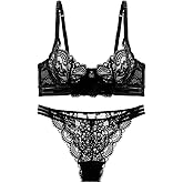 Guoeappa Women's Sexy Lace Bra and Panty Set (Cup Sized 32B-42D) 2 Piece Lingerie Floral Lace Underwire Bra Panty