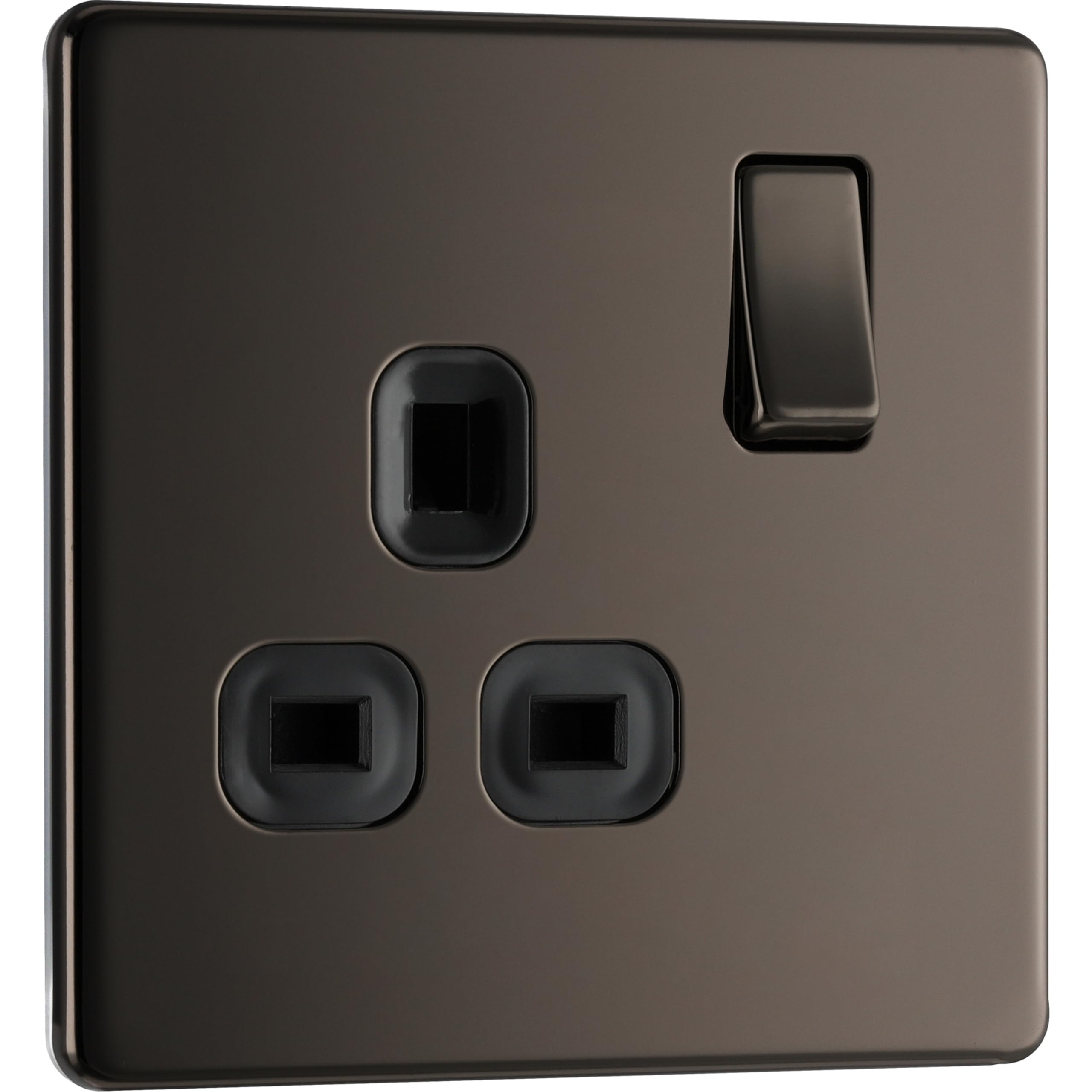 BG Electrical Single Switched Power Plug Wall Socket, Screwless Front Plate, Slim Profile, Premium Flatplate, Black Nickel, 13A, FBN21B
