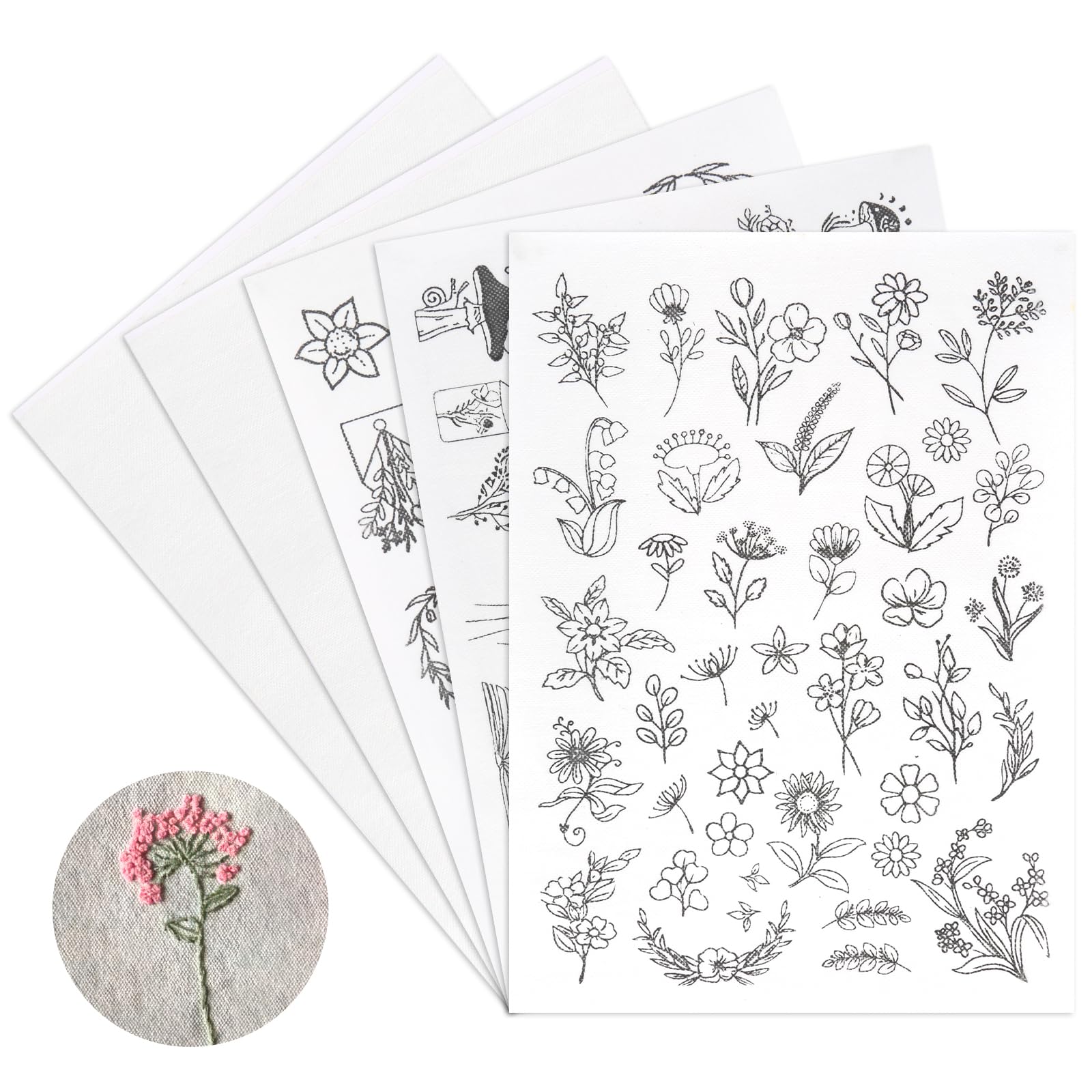 AILUYA Embroidery Templates Water Soluble, 3 Patterns + 2 Blank, 5pcs Set, 30x21cm, DIY Embroidery Fleece for Bags, Hats, DIY Projects