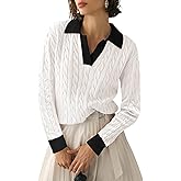 Micoson Womens Fall Long Sleeve Sweaters Lapel V Neck Cable Knitted Pullover Casual Soft Jumper Top