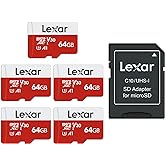 Lexar E-Series 64GB Micro SD Card 5 Pack, microSDXC UHS-I Flash Memory Card with Adapter, 100MB/s, C10, U3, A1, V30, Full HD,