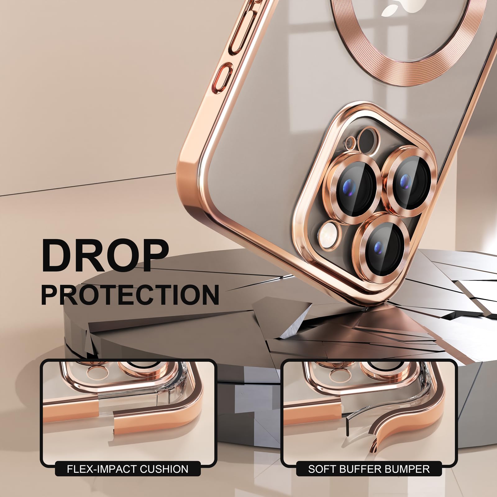 Misea Magnetic for iPhone 15 Pro Max Case with MagSafe [Never Yellowing] [Military Grade Drop Protection] Full Camera Lens Protector Plating Soft Clear Phone Case for Women Girls, Gold - Image 4