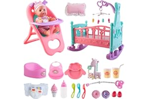 deAO 12” Baby Doll Play Set with Crib, Mobile, High Chair Feeding Accessories, Interactive Dolls for Girls Kids Pretend Play Baby Dolls 21 PCS