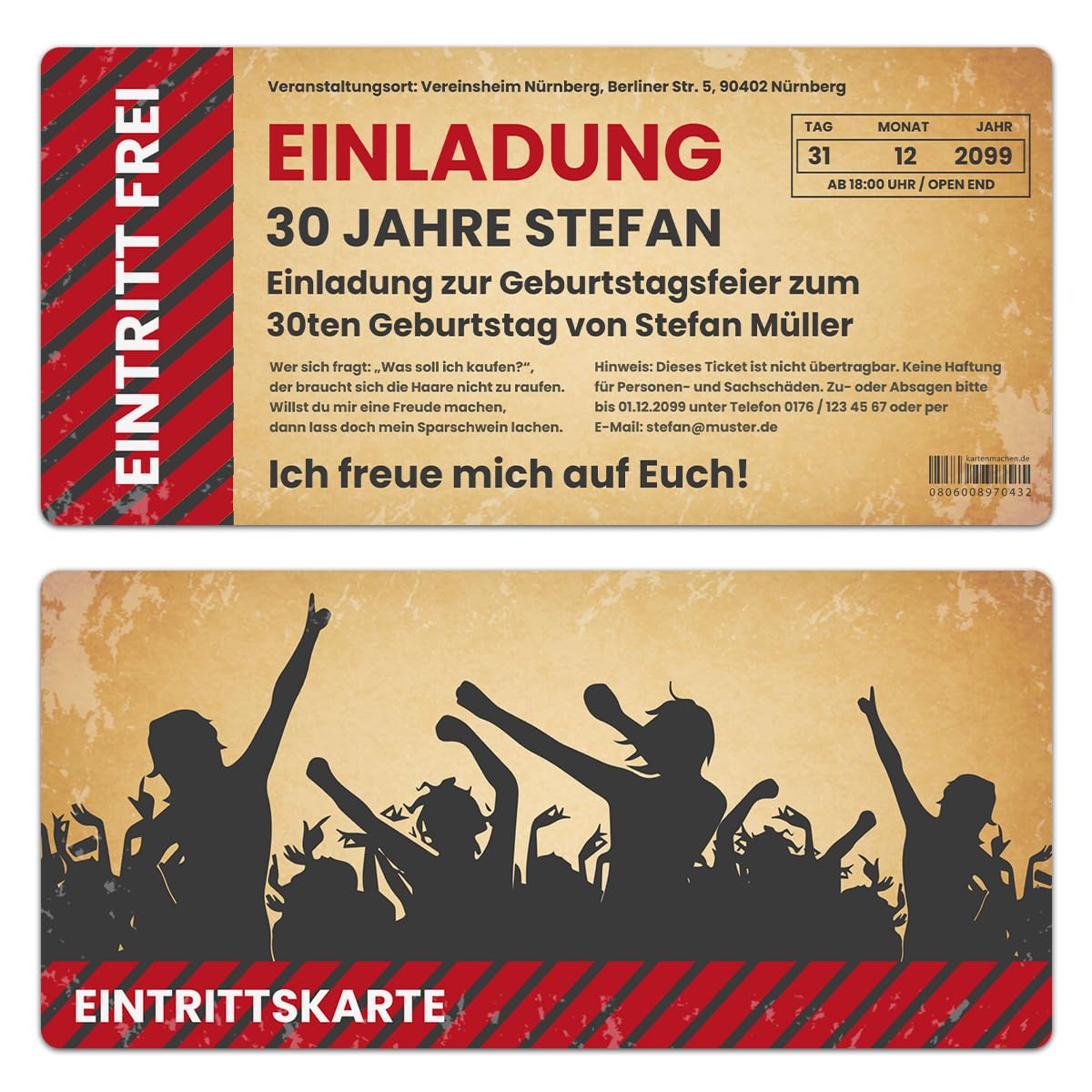 Kartenmachen.de Personalisierte Ticket Einladungskarten zum Geburtstag 10 bis 100 Stück als Eintrittskarte mit echtem Abriss, Vintage Party, Umschläge optional, 300g/qm Kartonpapier, für jedes Alter