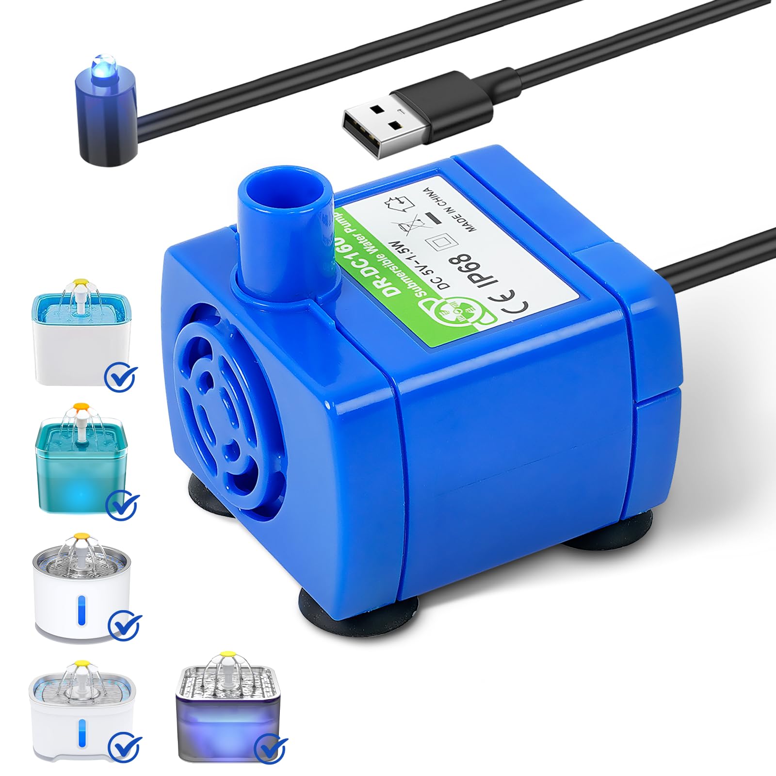 Photo 1 of IP68 DR-DC160 submersible water pump Cat Water Fountain Pump for Tritone Ceramic, Stainless Steel, Round Flower Cap Cat Fountains, Automatic Pet Water Dispenser Replacement Pump (With LED)