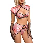 Alrovetoney Sexy Lingerie Fantasy Costume Sexy Series Printed Cut-Out Slit Women's Costume Red S-XXL