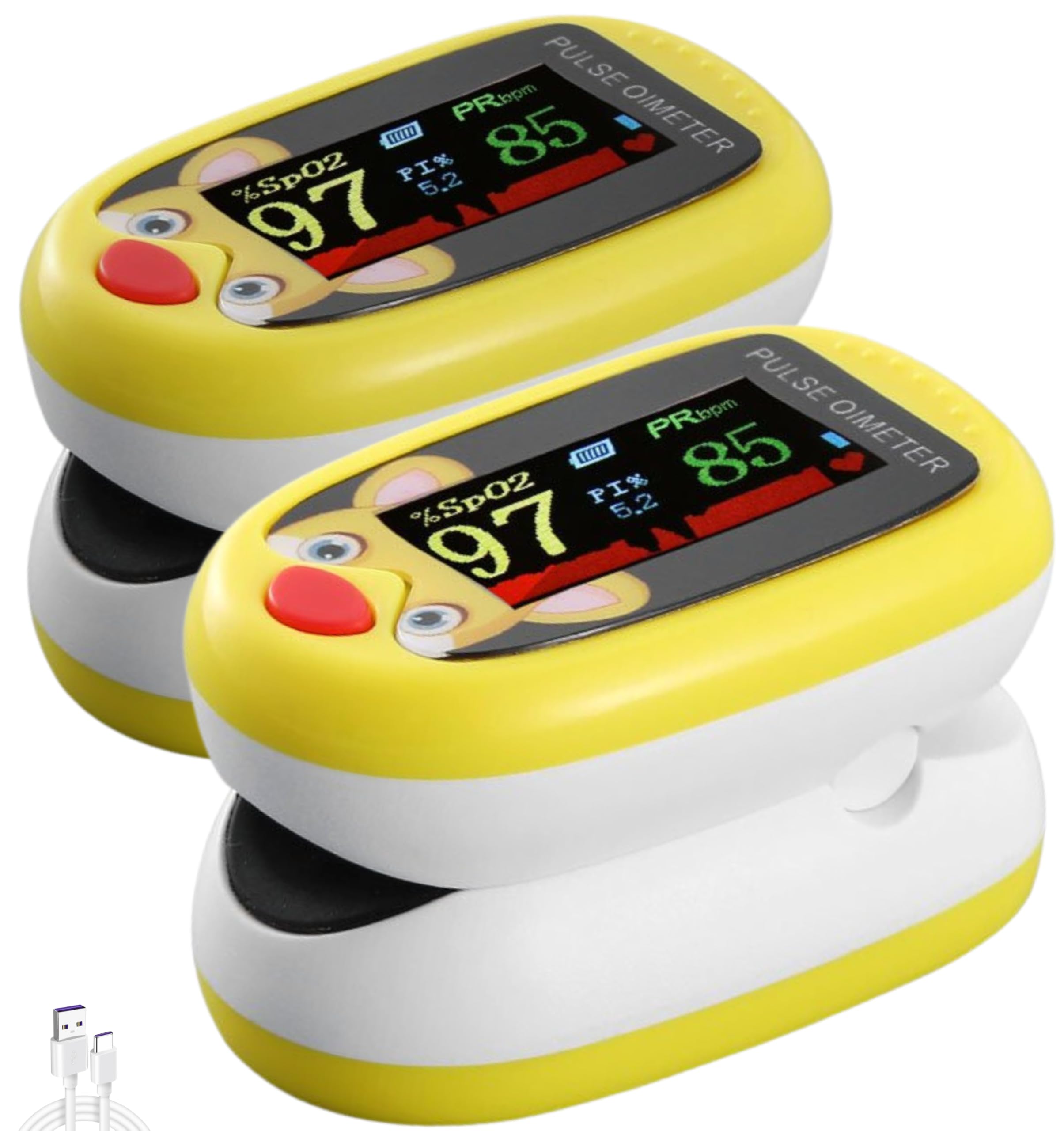 Pediatric Pulse Oximeter (Pack of 2) Beat Detection Heart Rate Stats Monitor Kids Finger Blood Oxygen Saturation Monitoring, Children SpO2 Levels TFT Lanyard & USB (Yellow Kids Pulse Oximeter x2)