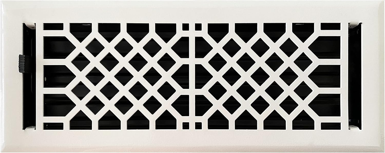 Registers, Grilles & Vents - Empire Register Co, Vent Cover - 4x12 inch, Antique Style Design, White Finish, Heavy Duty Floor Vent Covers, Metal Damper Attached. Vent Covers for Home Floor only.