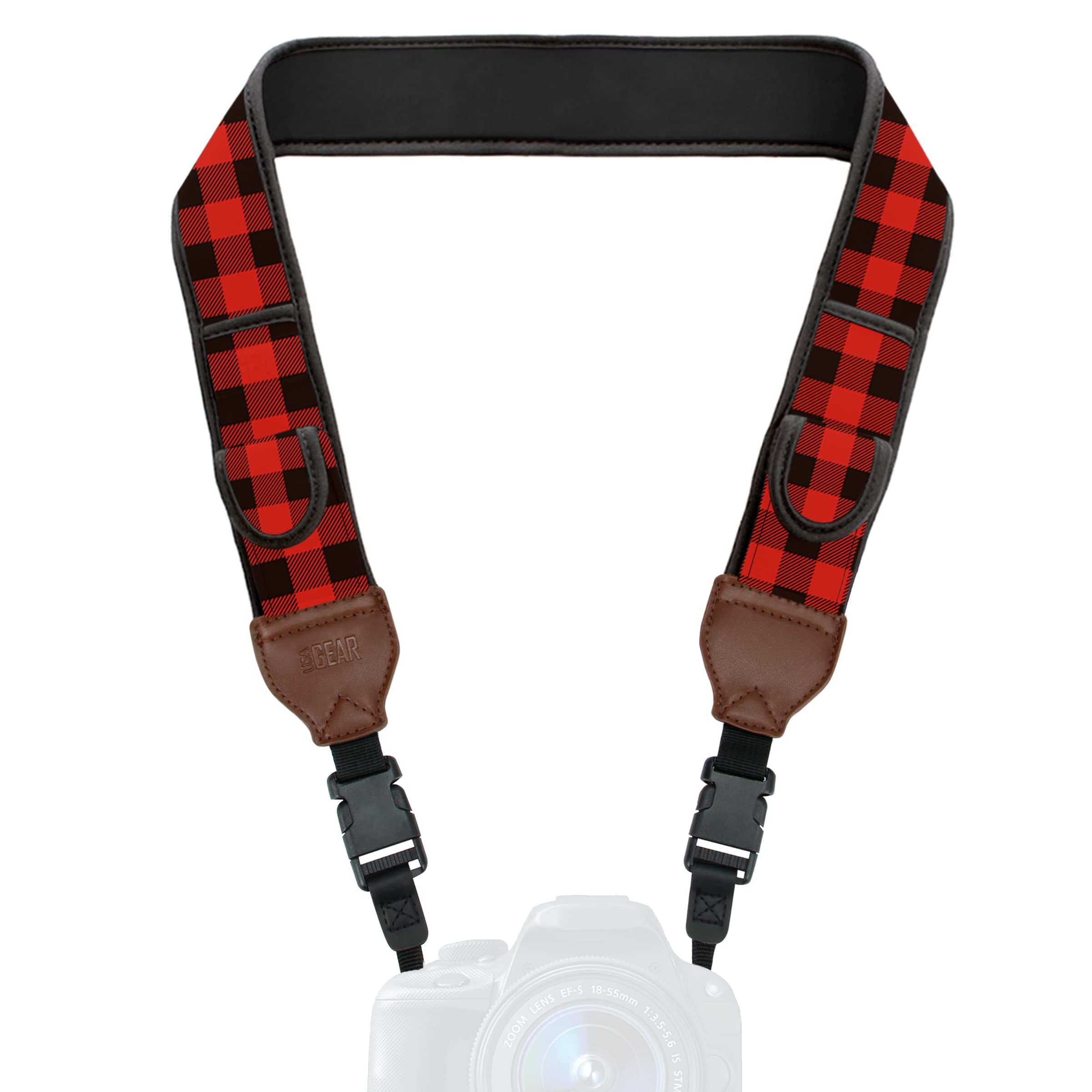 USA Gear TrueSHOT Camera Strap with Neoprene Design, Accessory Pockets and Quick Release Buckles - Compatible with Canon, Nikon, Sony and More DSLR and Mirrorless Cameras (Red Plaid)