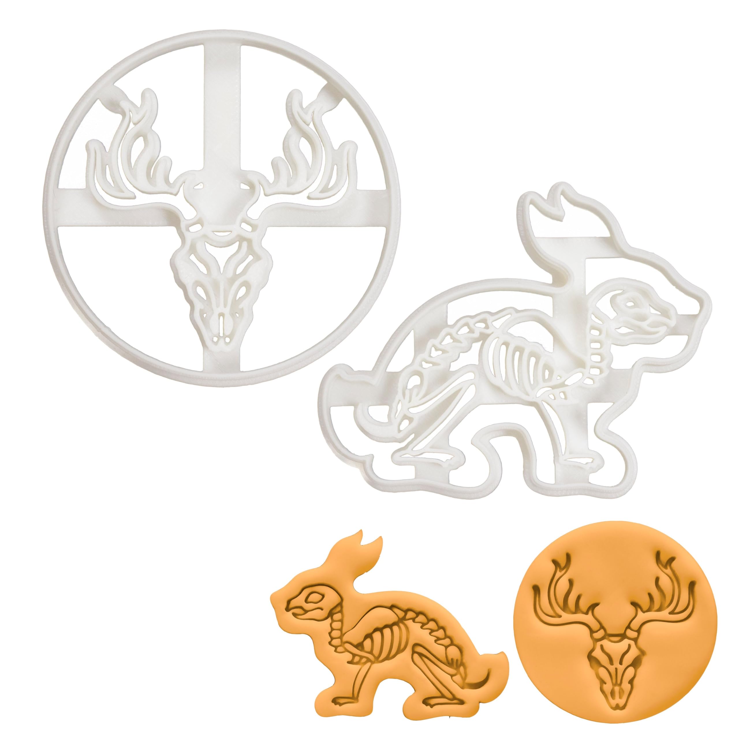 BAKERLOGY Set of 2 Cookie Cutters (Designs: Rabbit Skeleton and Stag Skull) - Detailed Biscuit Cutter Design for Baking and Crafts, Ideal on Fondant, Dough, Clay