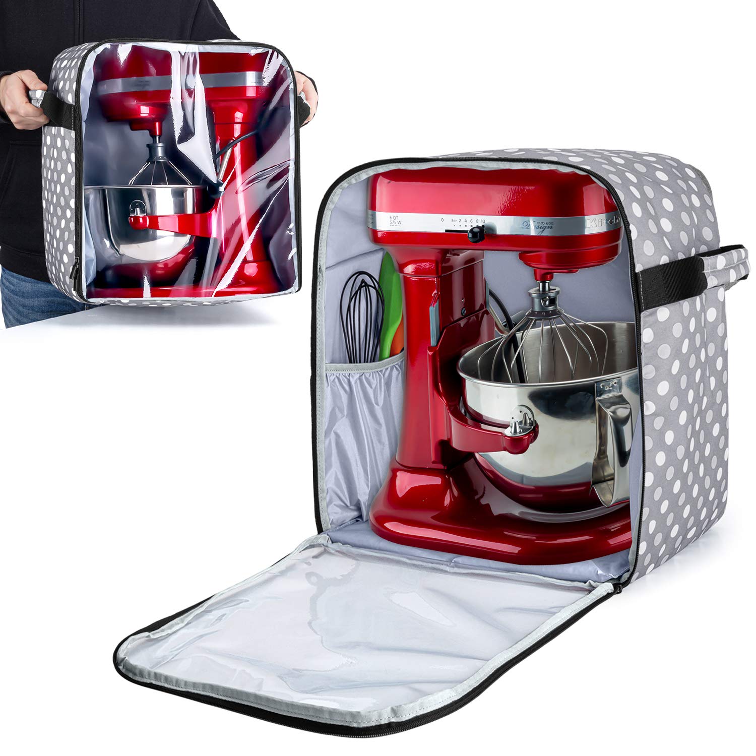 LUXJA Dust Cover Compatible with 6-8 Quart KitchenAid Mixers (with a Bottom Padding Pad), Dust Cover (Clear Front Panel) for Stand Mixers and Extra Accessories, Gray Dots(Patented Design)