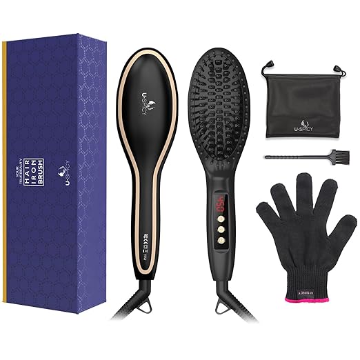 USpicy US-FS005 Hair Straightener Brush with FREE Heat Resistant Glove Hair Straightening Brush for Silky Frizz-free (450â/230â, Adjustable Temperature, Auto Lock, 30-min Timer, Anti-Scald)