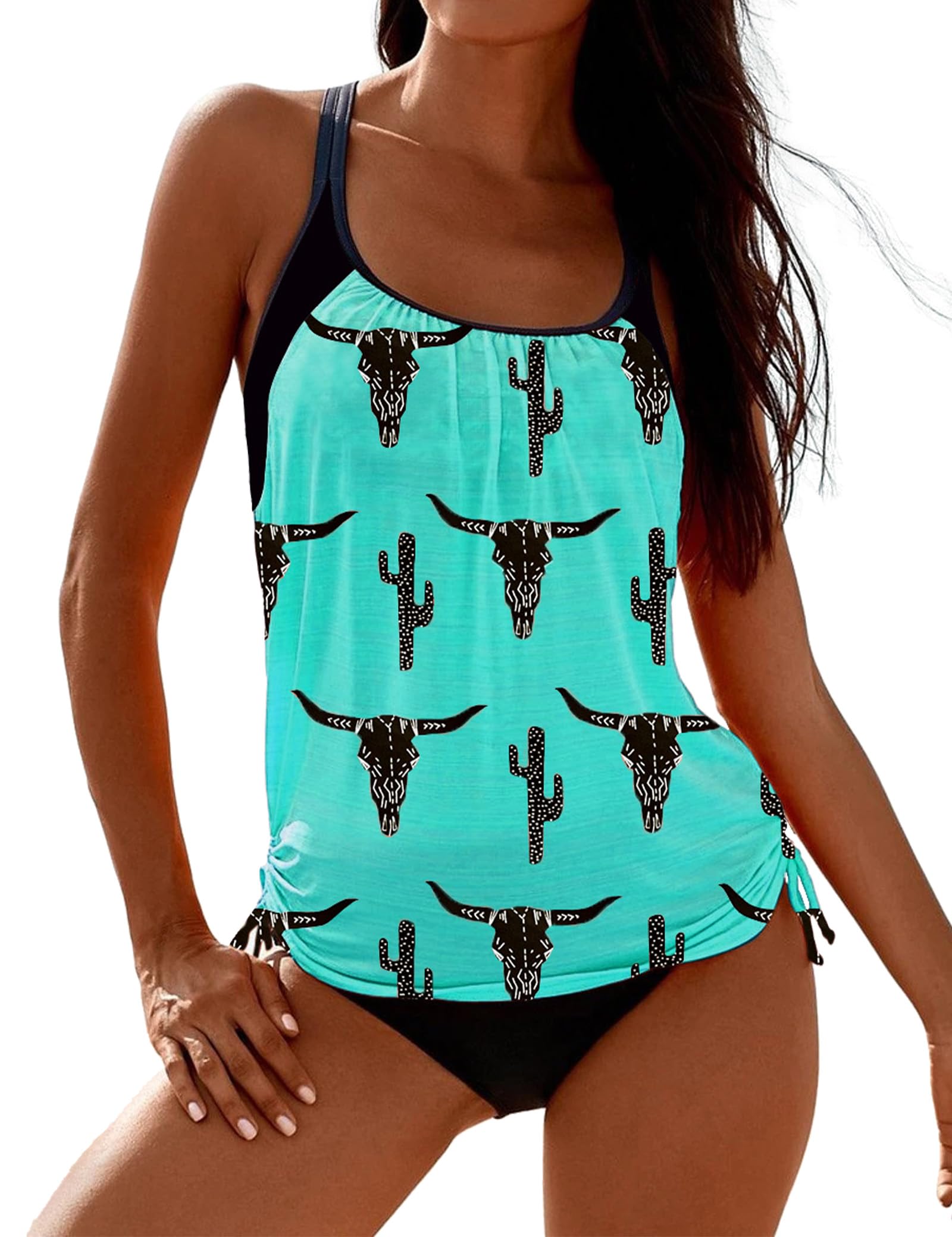 Photo 1 of SHESHOW Tankini Swimsuits for Women 2025 Cowgirl Style Modest Bathing Suits Loose Fit Two-Piece Tankini Set XL