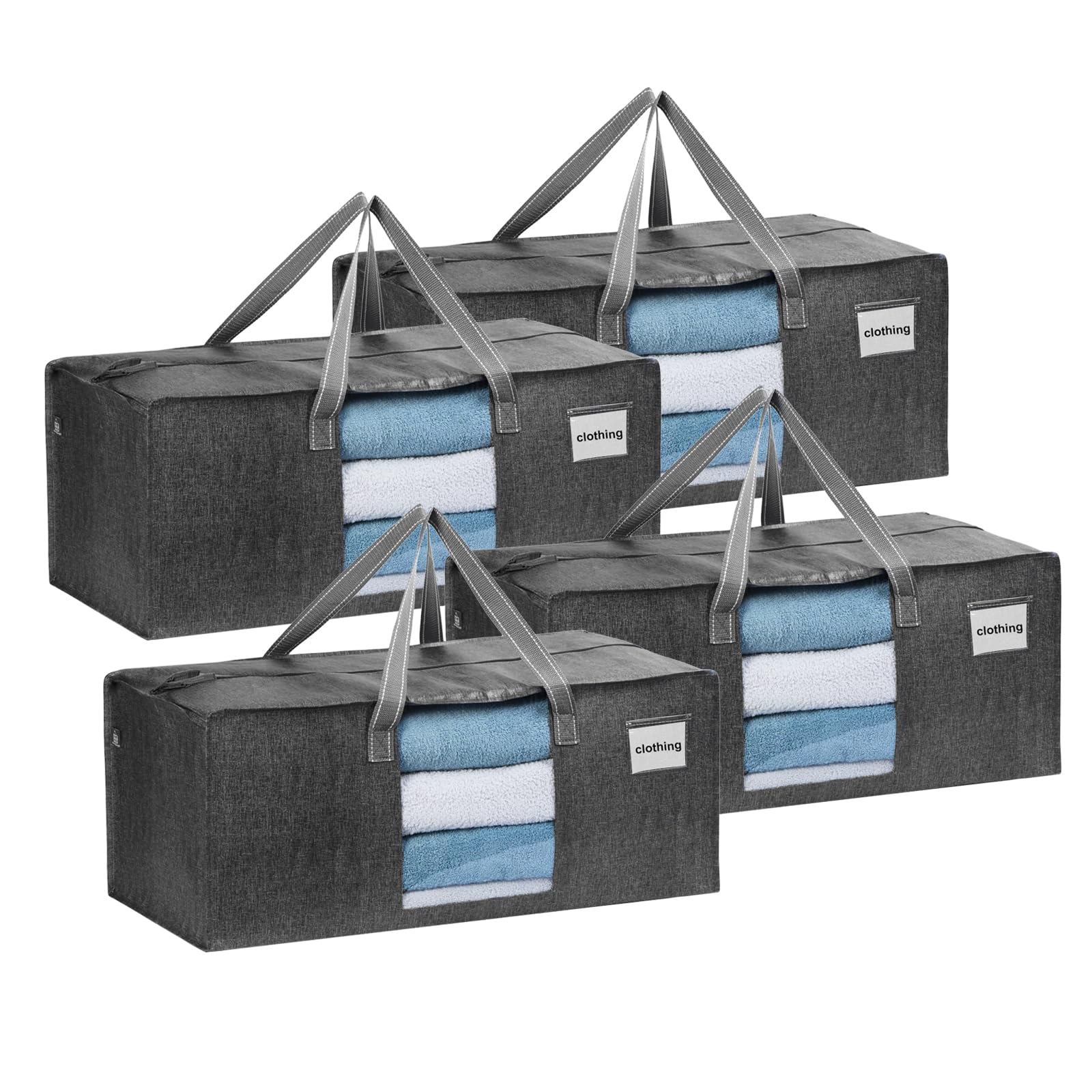 VENO Large Heavy-Duty Moving Bags with Window, Organizer Foldable Storage Box, College Dorm Clothes Collapsible Bins, Reusable Packing Supplies Under Bed Storage Tote Bag (Dark Gray, 4 Pack)
