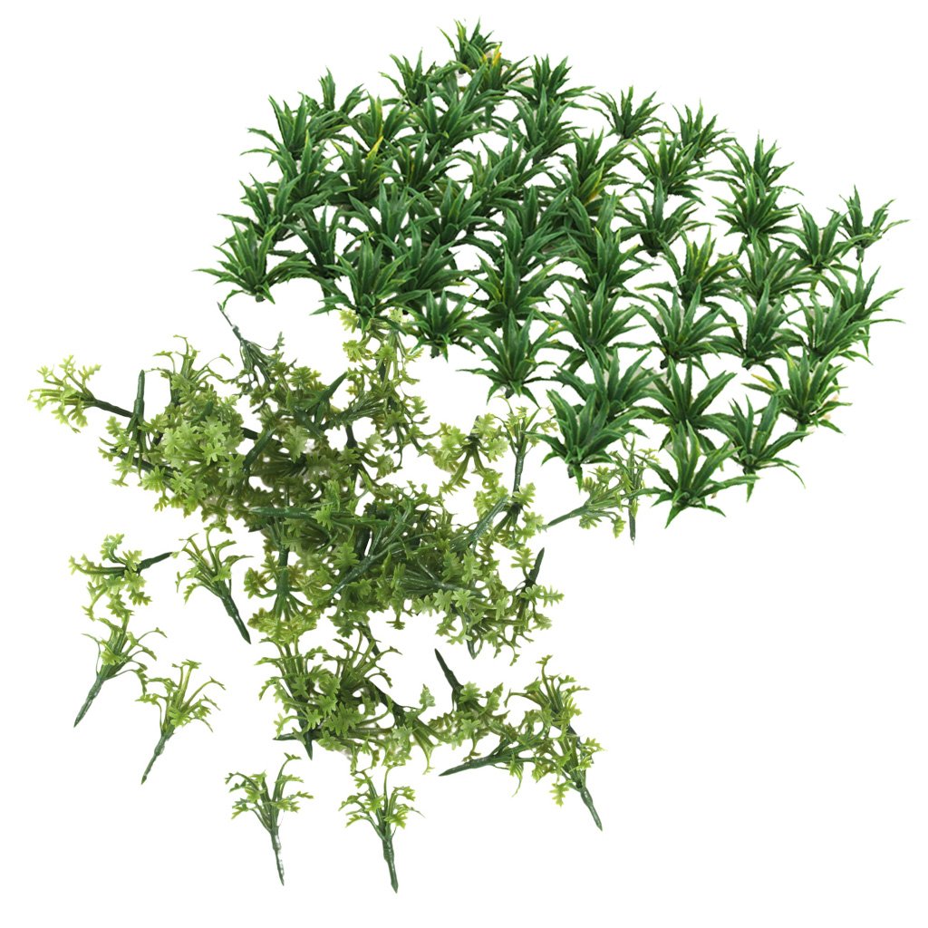 Milageto 100 Pieces Green Scenery Model Grass Shrubs Bush Railway Diorama Accessory, Brokenleaf-55 and Swordleaf-55 — image 1