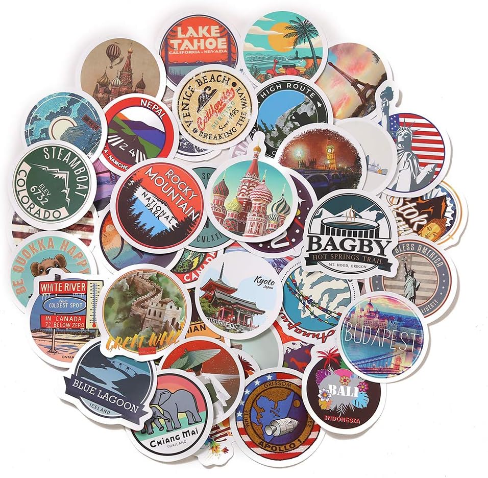 50pcs World Famous Tourism Country & Regions Logo Waterproof Stickers -Travel Map National Flag, Idea for Luggage Skateboard Laptop Luggage Suitcase Book Covers etc (Tourist Wonders)