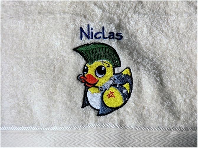 Punk-Ente Handtuch bestickt mit Motiv und Name Entenhandtuch Badeente