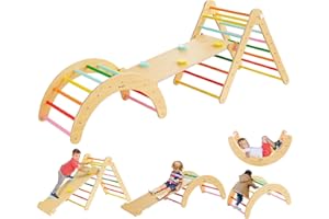 Beright 4 in 1 Pikler Triangle Set Upgraded, Foldable Toddler Climbing Toys Indoor Playground, Montessori Learning Toys, Kids Indoor Gym with with Arch, Ramp, Learning Waldorf Toy, Rainbow