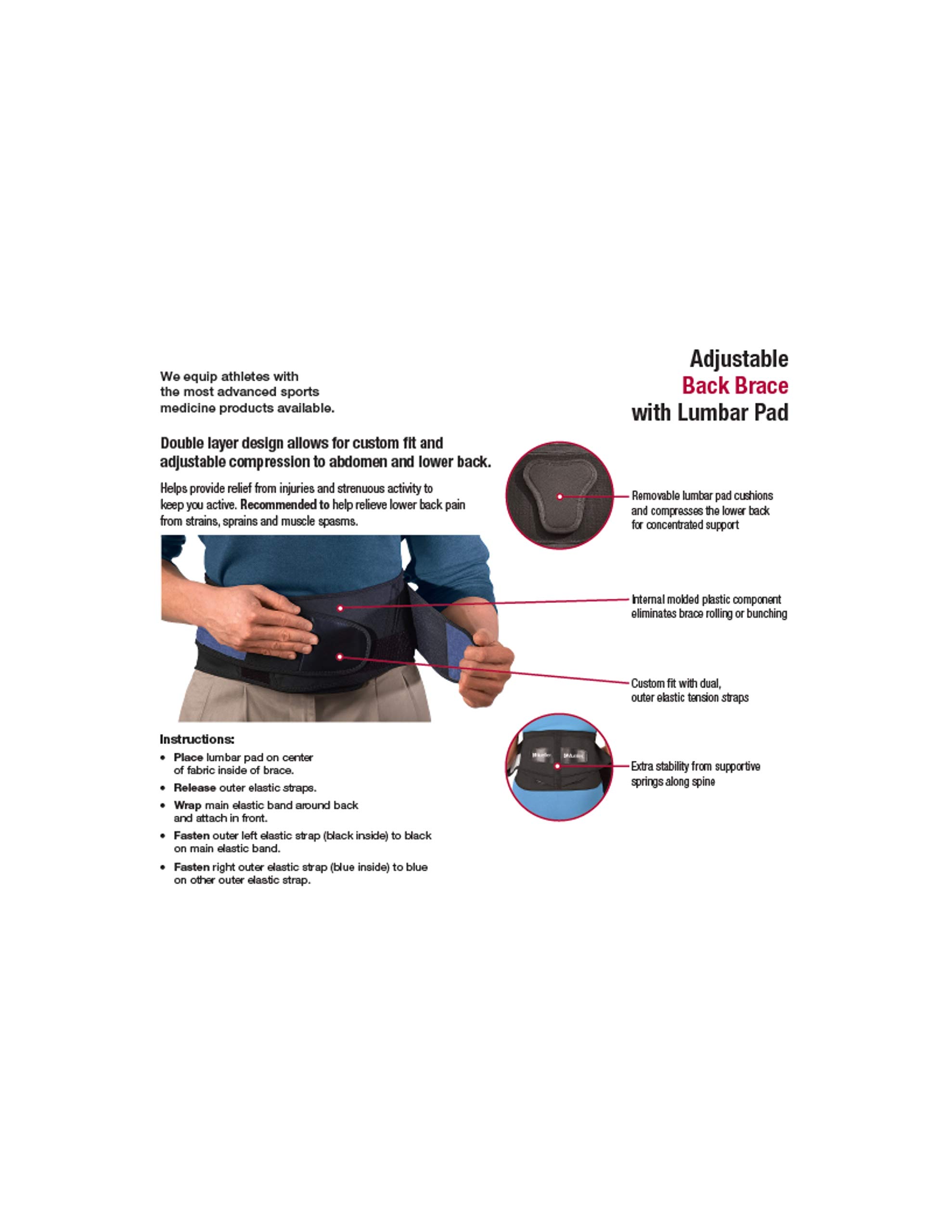 Mueller 255 Lumbar Support Back Brace with Removable Pad, Black