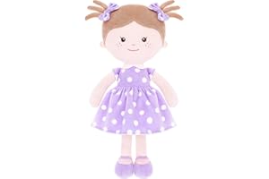 Onetoo Plush Rag Doll Sleeping Cuddle Buddy Doll First Baby Doll Soft Baby Doll for Girls Wear Purple Polka Dot Dress 14"（Milly Series）