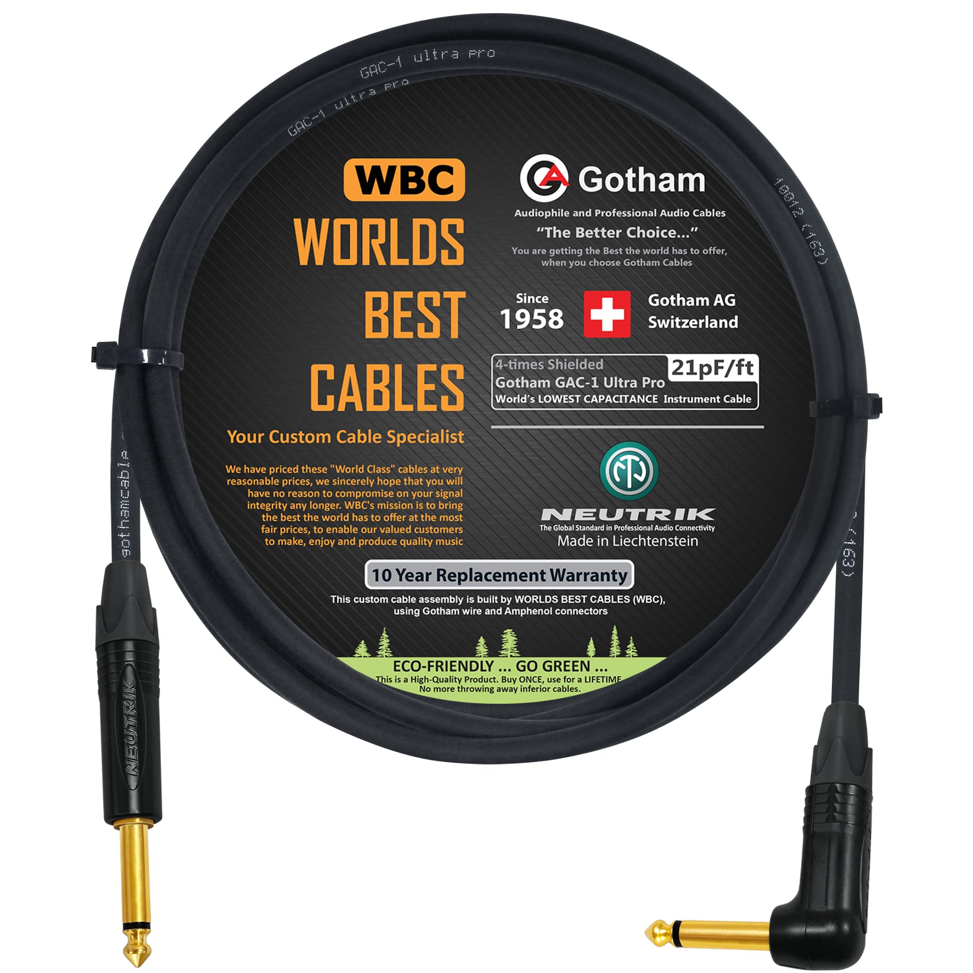 WORLDS BEST CABLES 1.5 Meter - Gotham GAC-1 Ultra Pro - Premium, Low-Capacitance (21 pf/Ft) Guitar Bass Instrument Cable - with Straight to Angled 6.35mm Neutrik Gold Plated TS Connectors