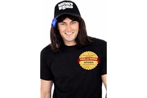 ALLAURA Compatible with Wayne’s World Wig and Hat – Black Mullet Wig with Wayne’s Cap for Men – 80s Rocker Costume, Heavy Met