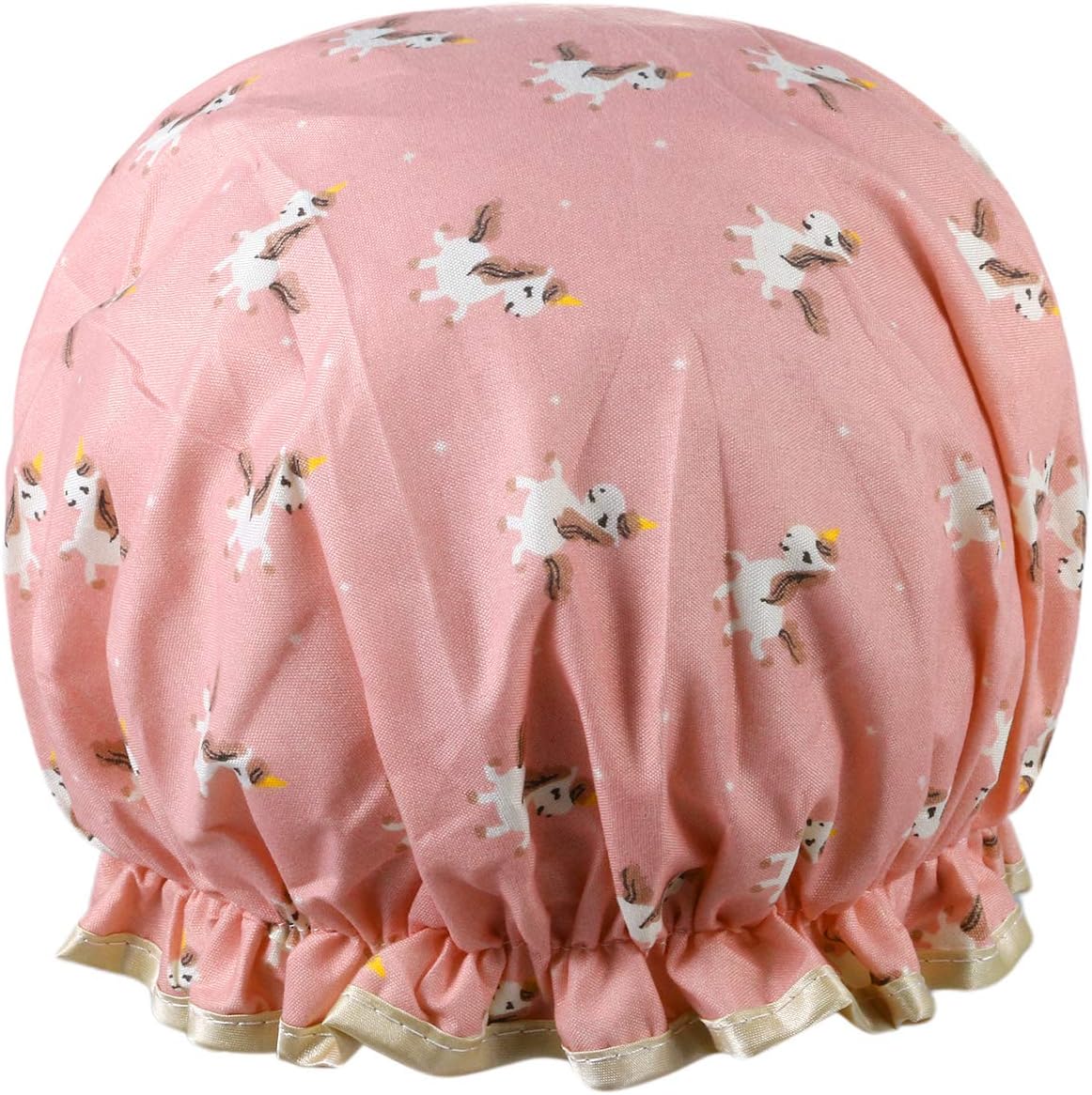 Vtrem Shower Caps Reusable Lace Elastic Band Unicorn Pattern Printed Bathing Hat Double Layer Waterproof Hair Bath Cap for Women All Hair Lengths and Thicknesses, Pink