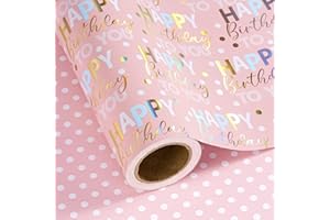 WRAPAHOLIC Reversible Birthday Wrapping Paper - Mini Roll - 17 Inch x 9.8 Feet - Rose Gold Foil and Iridescent Happy Birthday Wrapping Paper for Girls, Women, Baby Shower