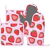 Pink Cute Strawberry Oven Mitts and Pot Holders Sets of 4, Heat Resistant Silicone Oven Mittens and Potholders Gloves Hot Pads for Kitchen Cooking Baking Grilling BBQ Chef