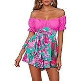Fixmatti Women's Color Block Romper Off The Shoulder Short Sleeve Ruffle Jumpsuits Playsuit