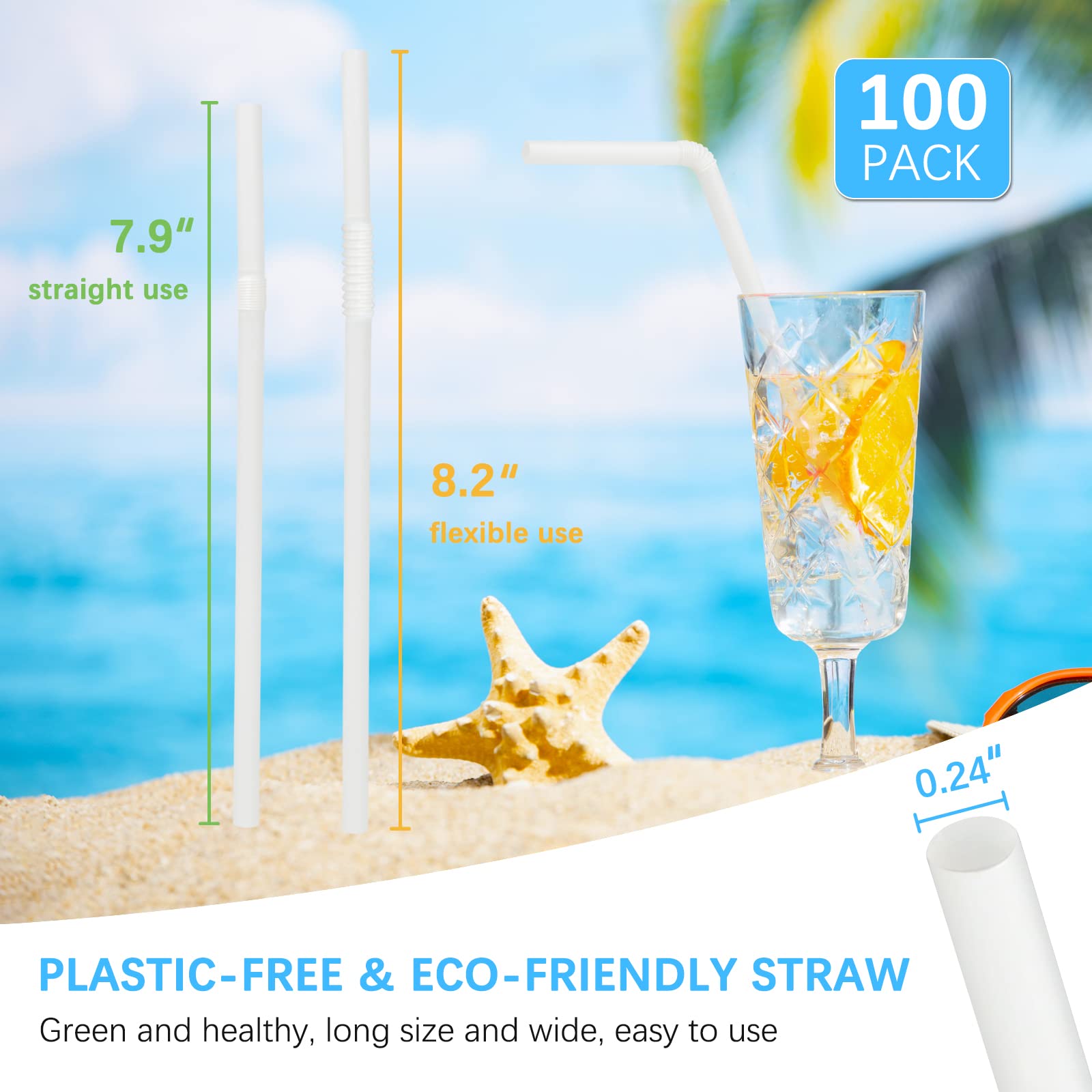 Plasticless 100 PACK Straws Individually Wrapped 100% BPA Free Biodegradable Straws Drinking Plastic Straws Plant Based Compostable straws White Bendy Flexible Disposable Straws for Cold Drinks - Image 7