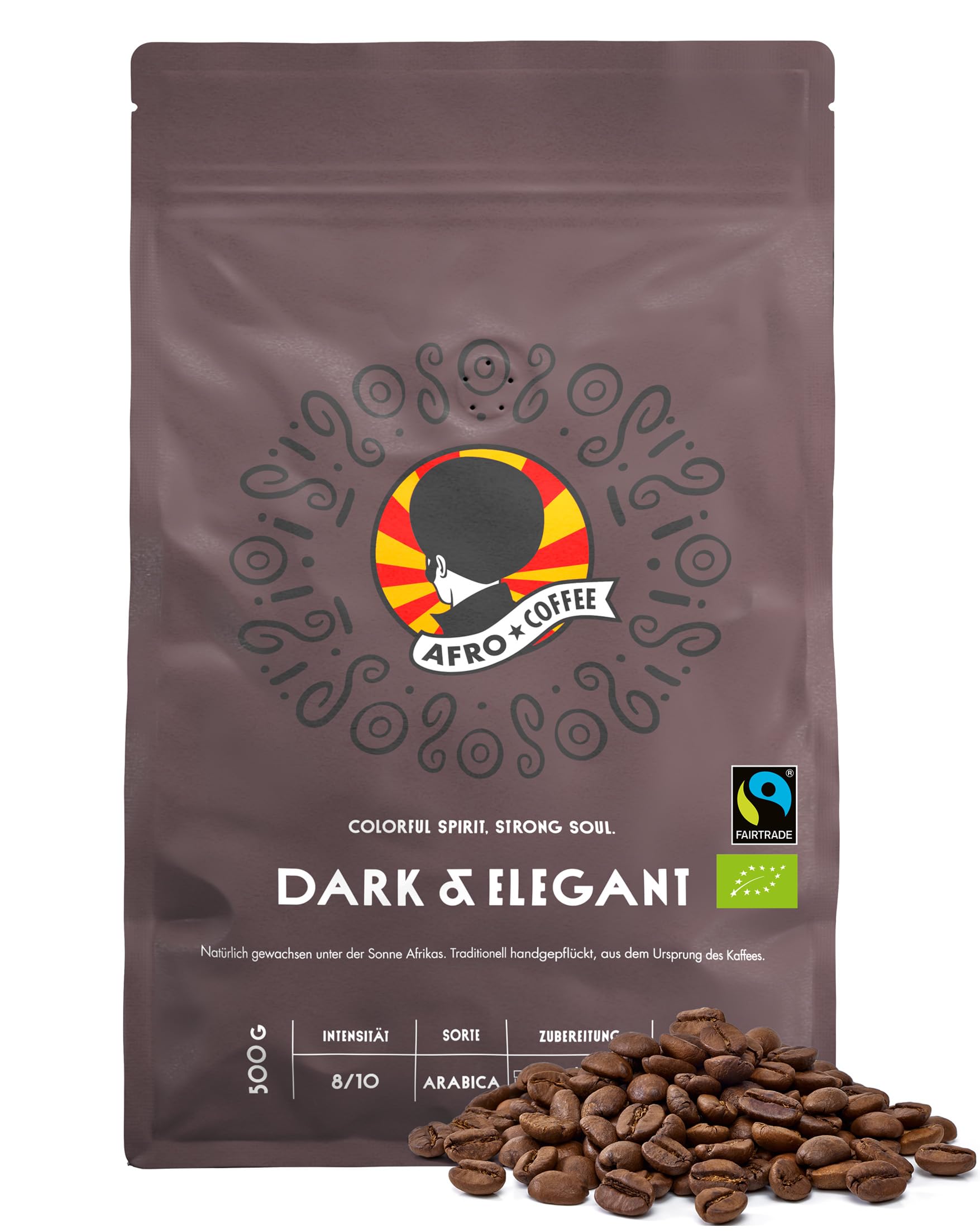 AFRO COFFEE Dark & Elegant I 500g Premium Bio Kaffeebohnen Fairtrade I 100% Arabica Kaffee Bohnen I Bohnenkaffee aus Äthiopien mit Noten von Bitterschokolade I handgepflückt, dunkel geröstet, säurearm
