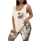 WDIRARA Women's Plus Size 2 Piece Outfits Marble Print Tank Biker Shorts Sets