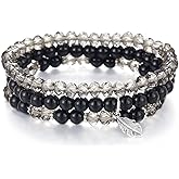 Noessla Stackable Crystal Beaded Bracelets for Women Boho Multi Layer Stretch Bracelets Natural Stone Bead Bracelet with Leaf Charm Jewelry for Women