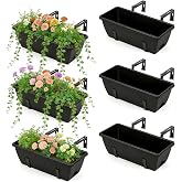 YAHKBTEN 6 Pack Deck Railing Planter Boxes Black Window Boxes Planter Boxes with Adjustable Brackets, Outdoor Garden Fence Planters with Drainage Holes for Flowers, Herbs, Strawberry