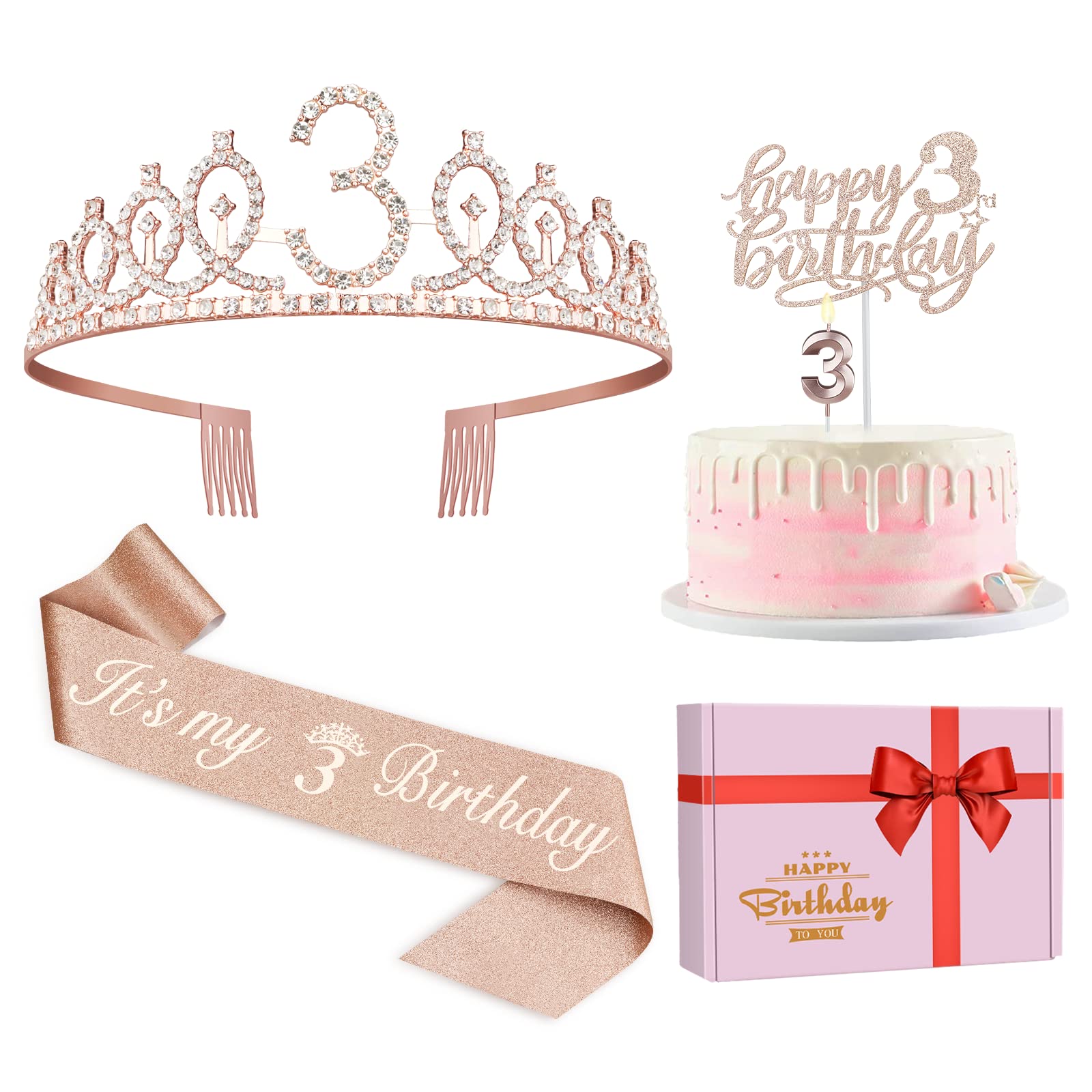 Photo 1 of 3rd Birthday Decorations for Girls, Including Sash, Crown/Tiara, Candles, Cake Toppers, 3rd Birthday Gifts for Girls