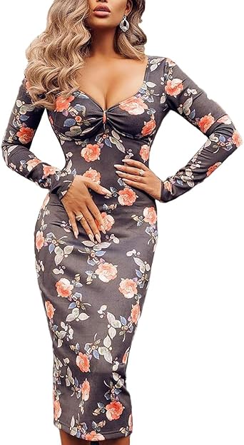 floral print long sleeve ruched bodycon dress