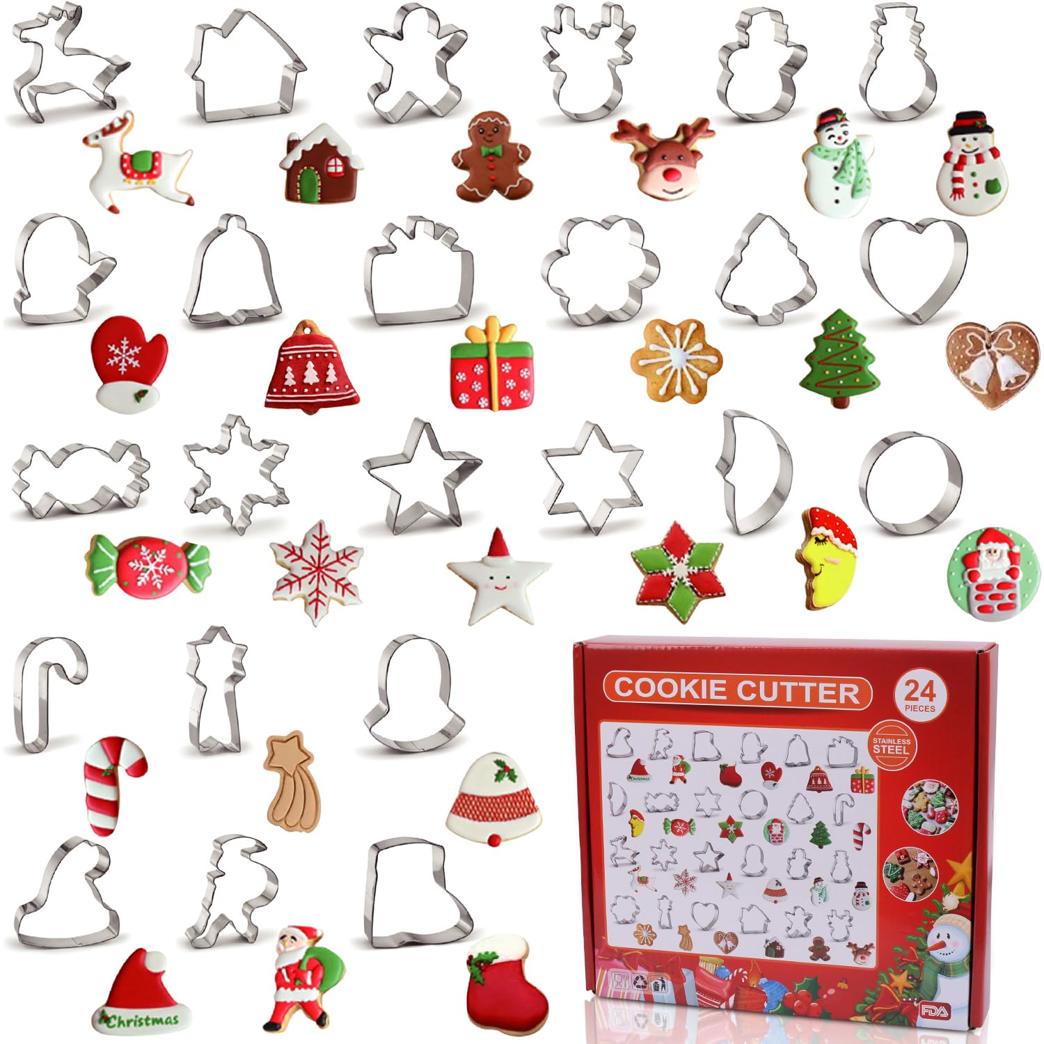 Fzyisw 24Pcs Large Christmas Cookie Cutter Set, Stainless Steel Christmas Cookie Cutters, Christmas Cutters for Baking - Christmas Tree, Gingerbread Man, Santa and More Shapes Christmas Cookies