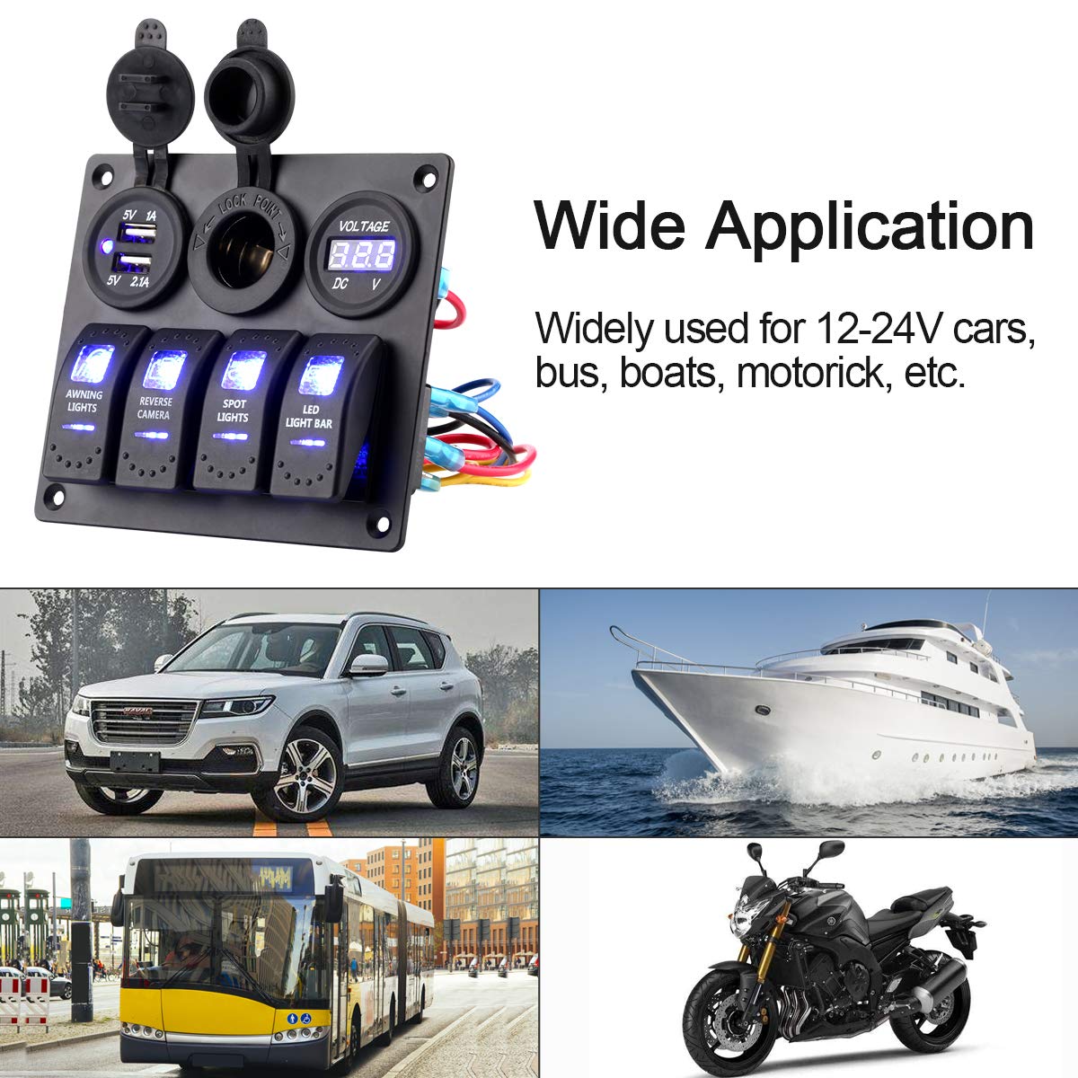 Jiaying Rocker Switch Aluminum Panel 4 Gang Toggle Switches with DC 5V 3.1A Dual USB Charger Digital Voltmeter Display DC 12V Power Socket for Car Trailer Marine Boat RV Vehicle Truck: Industrial & Scientific