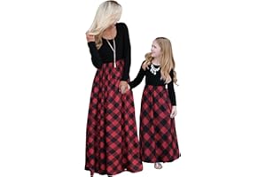 QIN.ORIANNA Mommy and Me Long Sleeve Matching Maxi Dress Mother and Daughter Boho Striped Chevron Outfit Clothes
