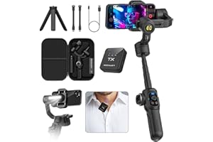 S2 Mic Smartphone Gimbal Stabilizer w/Wireless Lavalier Microphone, Built-in 18cm Extension Rod & Fill Light, Professional 3-