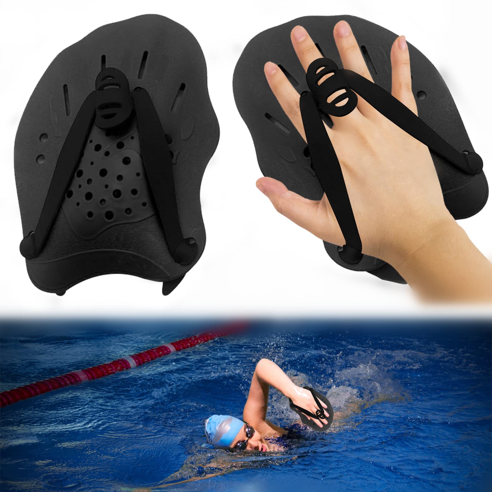 1 Pair Swimming Paddles with Adjustable Straps Pool Training Aid Accessories for Adults Kids Unisex Black