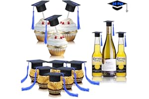 ONBUWWS Mini Graduation Caps Decorations, 24 Pcs Small Black Hats with Blue Tassels Class of 2024 Cupcake Toppers Bottle Cover Decor for School College kindergarten Congrats Party Supplies Tiny Favors