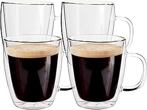 Yuncang Glass Coffee Mugs 4 Pack ,16 oz(500 ml),Double Wall Insulated Glass Mugs Cups with Handle,Cappuccino Cups Perfect for Americano,Latte,Beverage,Cappuccinos,Espresso Cups