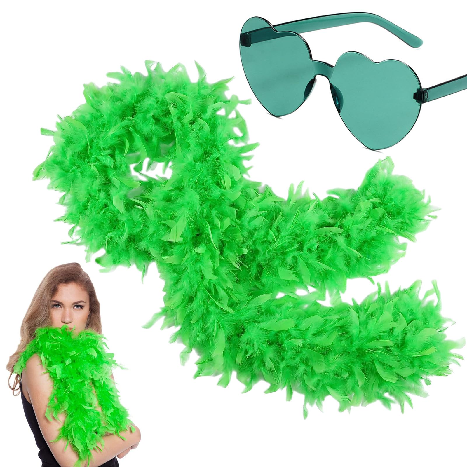 2m/6.6ft Light Green Feather Boa for Women Girls,80g Natural Turkey Feather Boas and Heart Sunglasses Fancy Dress for Adult,Kids,Fluffy Boa Feather Scarffor Dancing Bachelor Hen Halloween Xmas Party