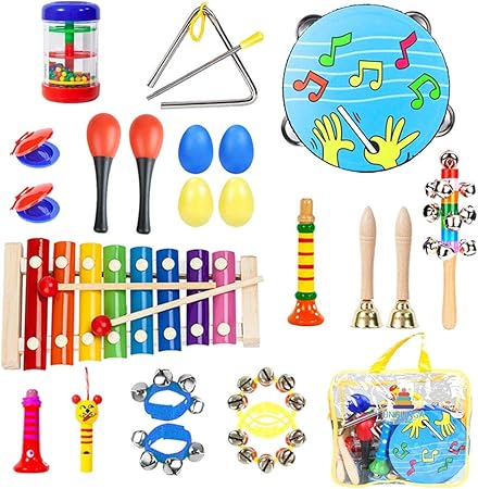 Amazon 楽器おもちゃ 打楽器セット パーカッションセット 赤ちゃん 子供用22点セット ミュージックステーション 音楽おもちゃ タンバリン カスタネット等 収納バッグ付き ドラム 打楽器 おもちゃ