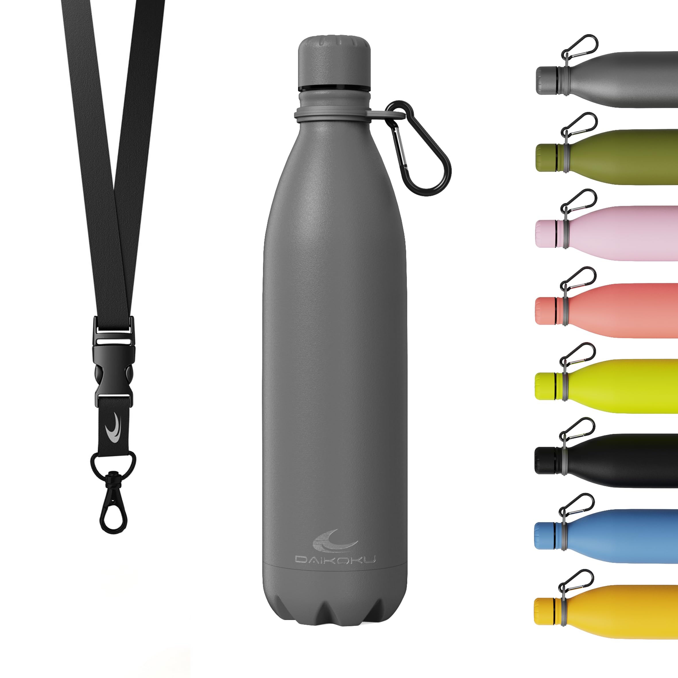 Daikoku Stainless Steel Bottle + Adjustable Strap + Carabiner, BPA Free Double Walled Thermos, Reusable Water Bottle, Airtight Cap, Colour Grey, Capacity 750 ML