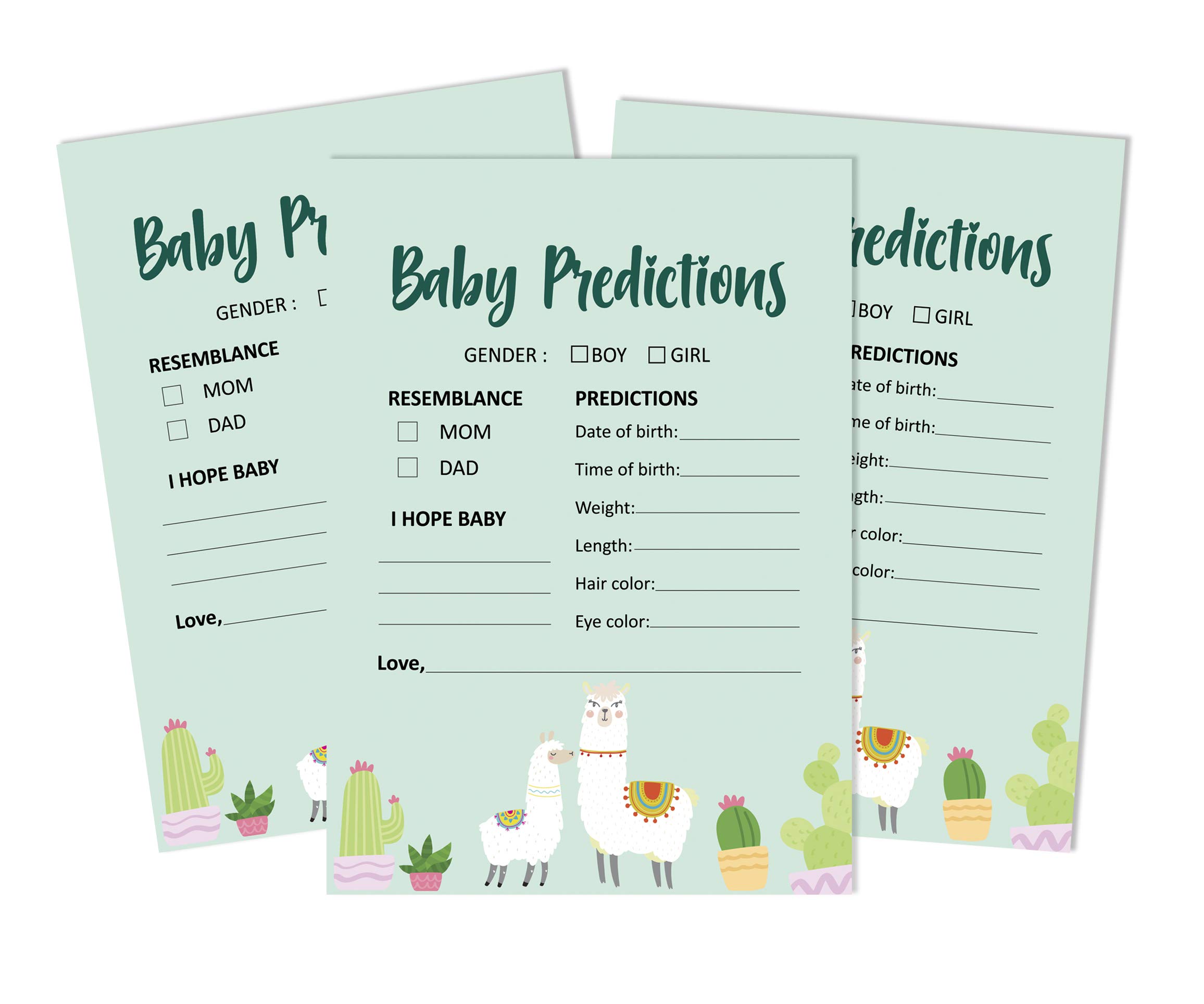 Inkdotpot Llama Gender Neutral Party Supplies Set Of 50 Baby Shower Prediction Cards For Baby Shower Game